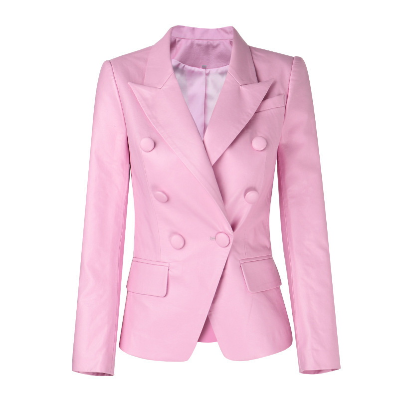 Spring and Autumn Pink Slim-fit European and American Temperament Commuter Suit Collar Double-breasted Solid Color Long-sleeved Suit Pu Leather Jacket Cross-Border