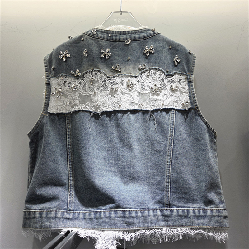 Chaleco de vaqueros coreano de mujer corto suelto primavera y otoño nuevo abrigo sin mangas de tamaño grande para adelgazar con tendencia de encaje