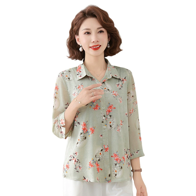 Женщины среднего и пожилого возраста мама летнее платье из цветочного шелка рубашка с отворотом женская свободная рубашка с рукавами из семи рукавов