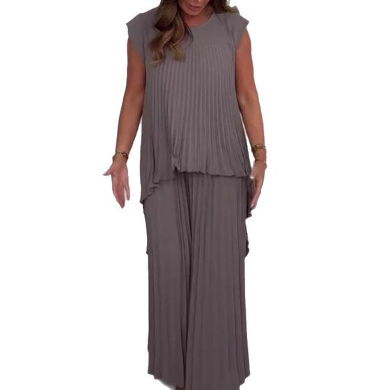 2025 European and American style cross-border independent station round neck solid color raglan sleeve jacket pleated straight pants suit two-piece set