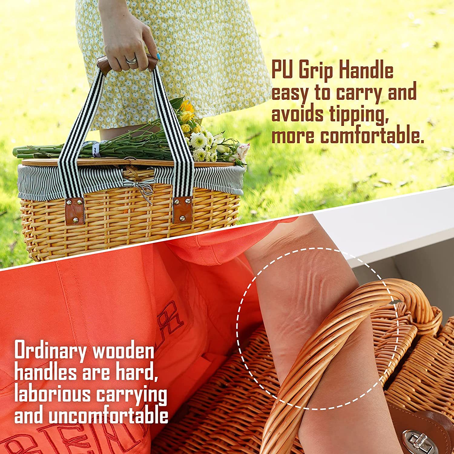 Cestas de picnic de sauce Amazon nuevo grupo doble al aire libre cubierta de madera de caña tejida cesta de almacenamiento tejida cesta de almacenamiento mayorista