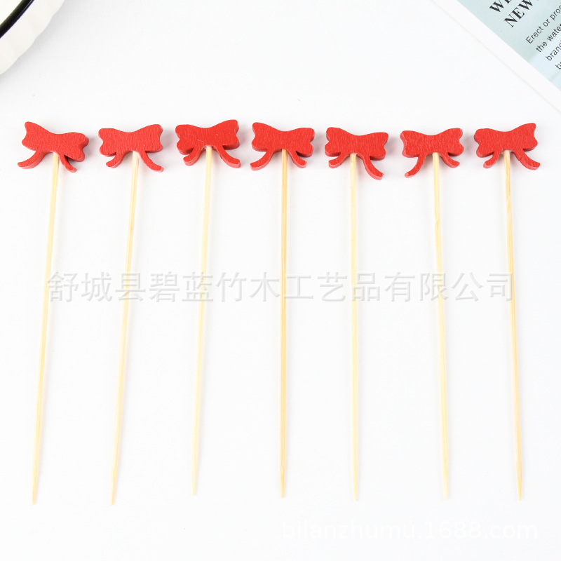 Fábrica de suministro de arco rojo botón de bambú desechable moda botón de vino horquilla de fruta horquilla decorativa horquilla de fruta