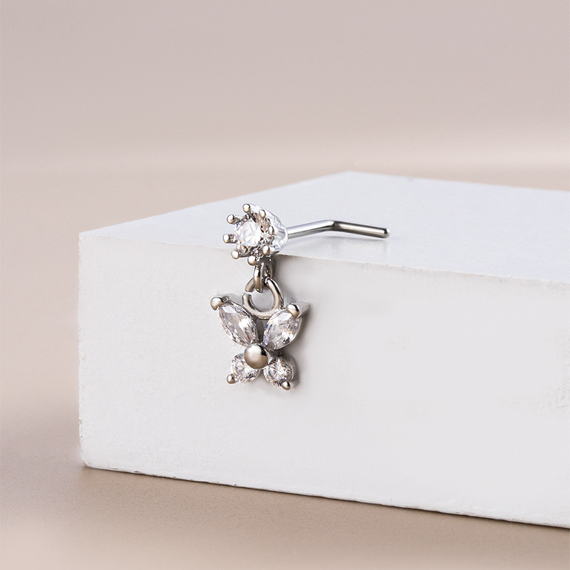 Women'S Gender Fashion Style 1 Piece 316L Stainless Steel Copper Zircon Nose Rings & Studs Butterfly Waterproof Non Tarnish Surgical Steel Ear Cartilage Rings & Studs Nose Pin