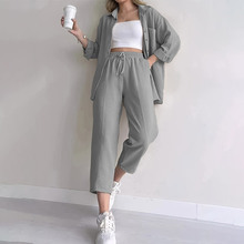 2025秋季欧美女装套装宽松休闲时尚长袖衬衫系带九分裤两件套时髦