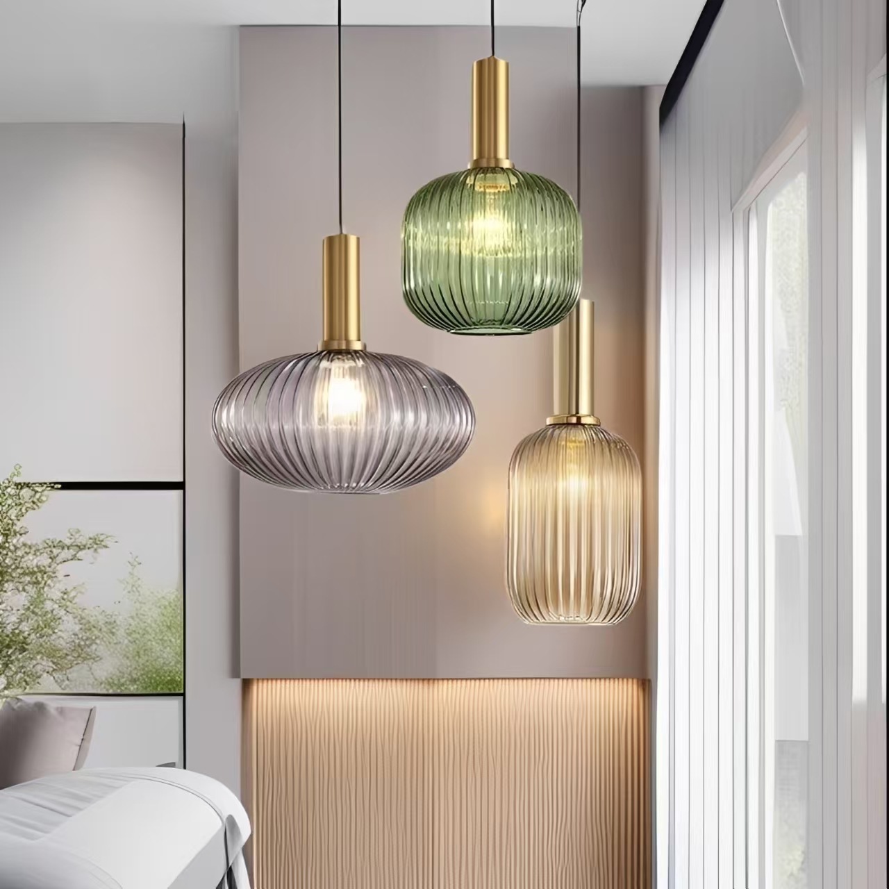 Lámpara colgante nórdica para bar y restaurante, lámpara de noche minimalista, linterna creativa a rayas, lámpara colgante pequeña de cristal retro japonesa de una sola cabeza