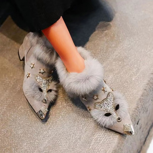 Fashion fox fur rhinestone metal pointed fur shoes women's large size velvet thick heel shoes autumn and winter warm cotton shoes