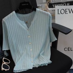 天糸亜麻通気半袖ニットカーディガン女性は痩せたtシャツの上着を着て夏を着ている
