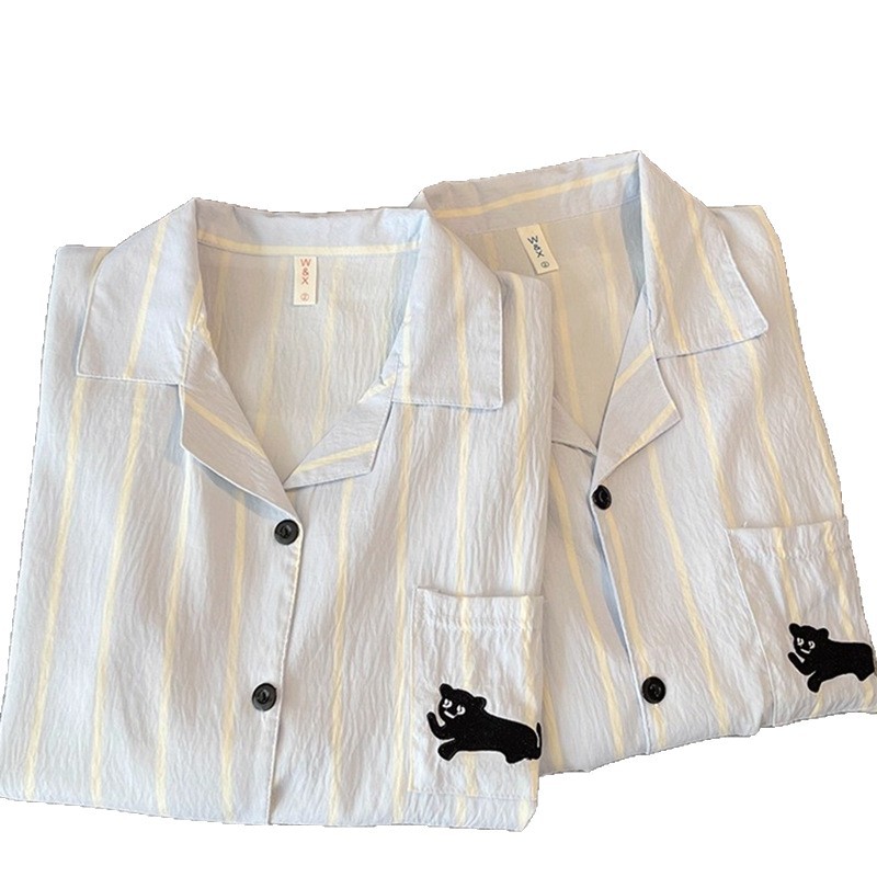 Nube de gato negro coreano de algodón para parejas pijamas de primavera y otoño para mujeres pantalones de manga larga cardigan para hombres ropa de hogar de verano