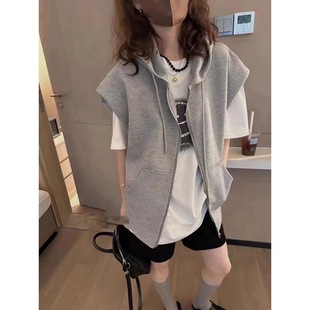 Hooded space cotton vest Women's European station 2023 autumn new fashion Western style sleeveless zipper coat