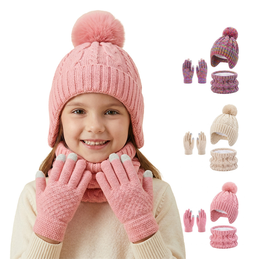 2025 Winter Children's Pom-Pom Hat, Scarf, and Gloves Three-Piece Set Winter Children's Fleece-Lined Warm Knit Set