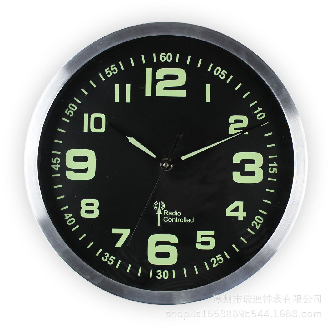 跨境热卖12英寸30CM夜光铝钟电波钟金属框墙钟印刷LOGO石英钟表
