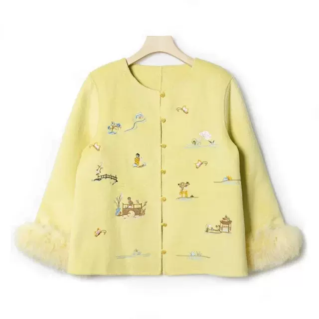 2025年春轻奢毛呢新中式圆领刺绣毛袖外套+半裙