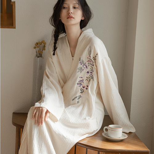 Candy color crepe cotton embroidered women's nightgown four seasons thin nightgown Chinese style Hanfu mid-length bathrobe steaming suit