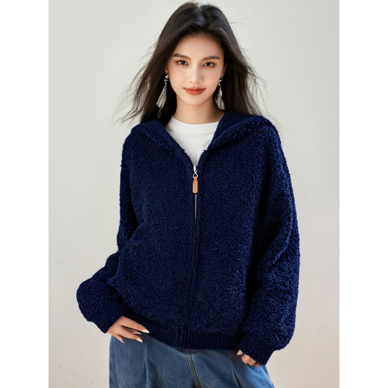 2025 New Winter Korean Style Cashmere Hooded Zipper Sweater Jacket for Women, Lazy Soft Waxy Knitted Cardigan Top