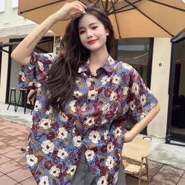 夏季法式宽松短袖碎花衬衣女外穿衬衫情侣薄款日系复古上衣女洋气