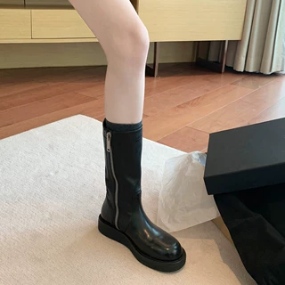 牛皮版~超火圆头厚底增高4cm中筒骑士靴女秋冬显瘦马丁靴机车短靴