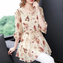 2021夏季新款女装雪纺四面弹碎花T恤五分喇叭袖时尚气质百搭女装