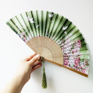 Brown Bone Army Green Face Cherry Blossom Folding Fan Drop Shipping