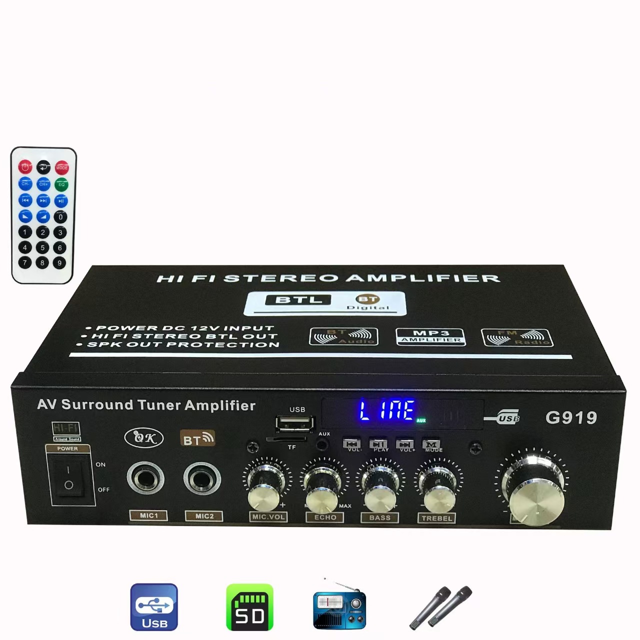 Nuevo BT - 198A G919 AV-999FM amplificador de potencia HIFI profesional de alta potencia superbajo pesado para uso doméstico