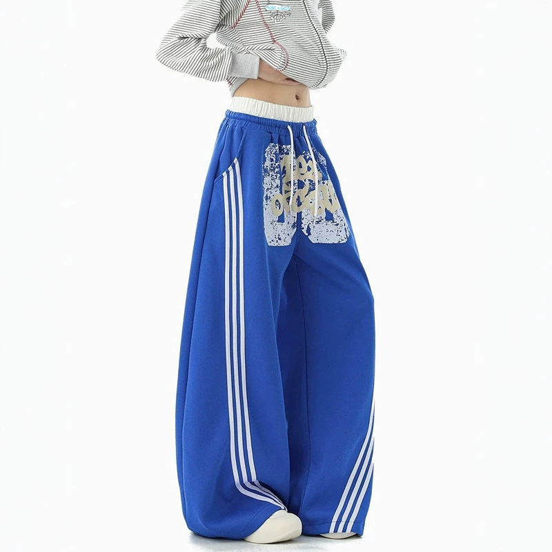 American-style striped letter-print blue casual sweatpants, new spring/autumn collection, unisex, with a double waistband and a slimming, wide-leg design American-style striped letter-print blue casual sweatpants, new spring/autumn collection, unisex, with a double waistband and a slimming, wide-leg design
