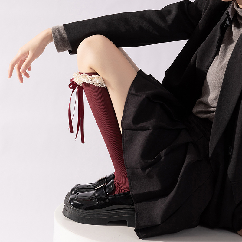 encaje Lolita pantorrilla de lazo de arco de presión jk largo estilo académico con botas adelgazante estilo de ballet rodillas