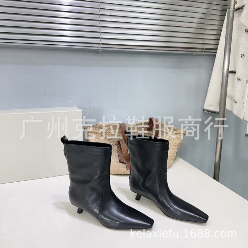 高定2025秋冬简易时髦真皮小方头猫跟一脚蹬高跟短靴时装单靴裸靴|undefined