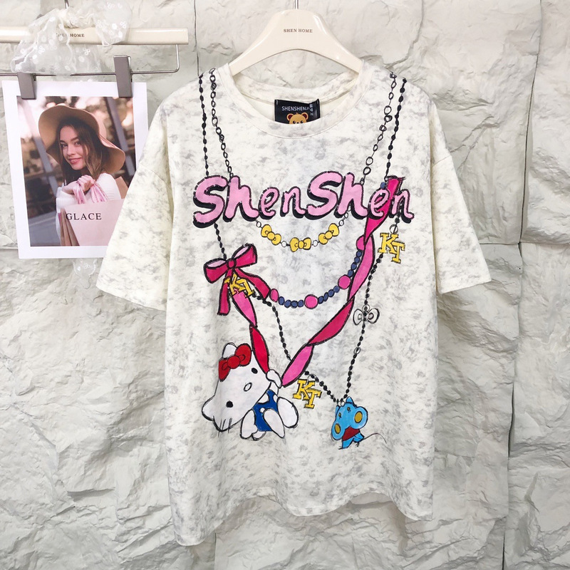 Shenshenjia Original Design Sweet and Cool Trendy Brand Heavy-Duty Sequin Kt Cat Print Cute Casual Loose Short-Sleeved T-Shirt for Women