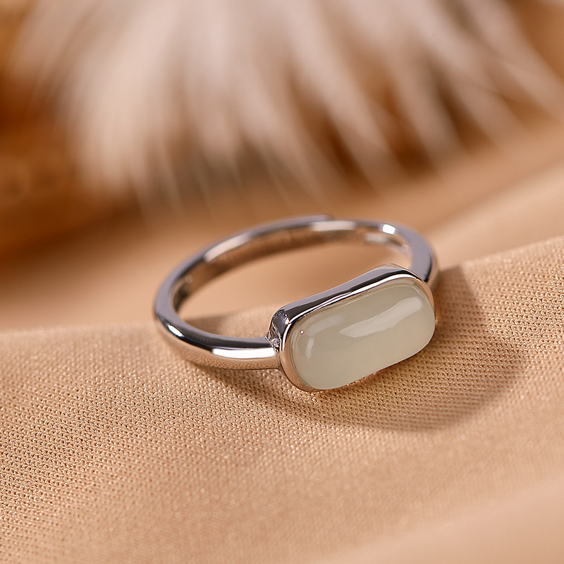 Nhẫn nữ bạc S925 mạ vàng đính ngọc bích Hetian tự nhiên, kiểu hở mặt sáng đa năng — Kiểu màu bạc