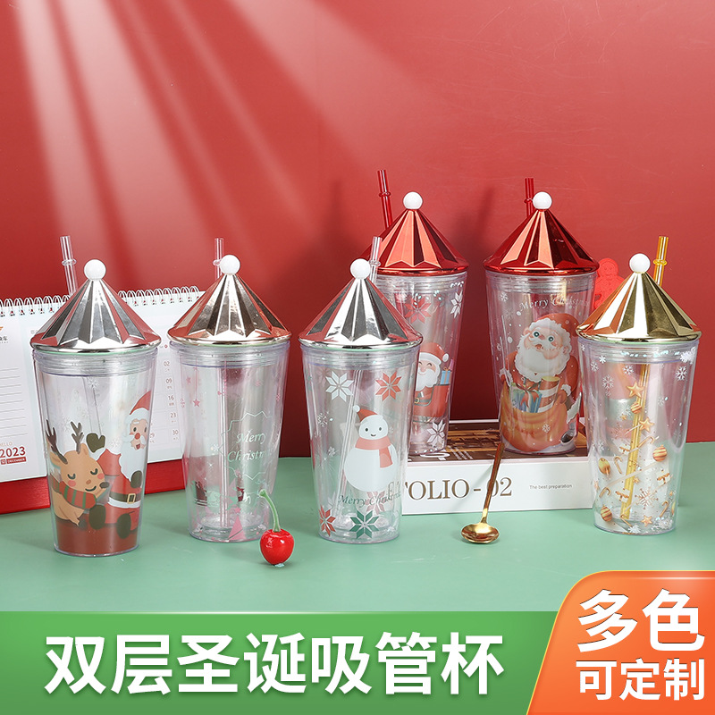 家合杯业2023新款圣诞节老人水杯红色透明卡通450ML双层塑料吸管