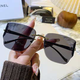 新款跨境弯曲镜片豹子头金属无框切边高级感太阳镜欧美时尚镜个性