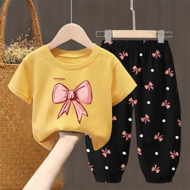 子供服女の子夏のリボンスーツ新しいスタイルファッショナブルな花のファッショナブルな夏服女の子シングル/ツーピース|undefined