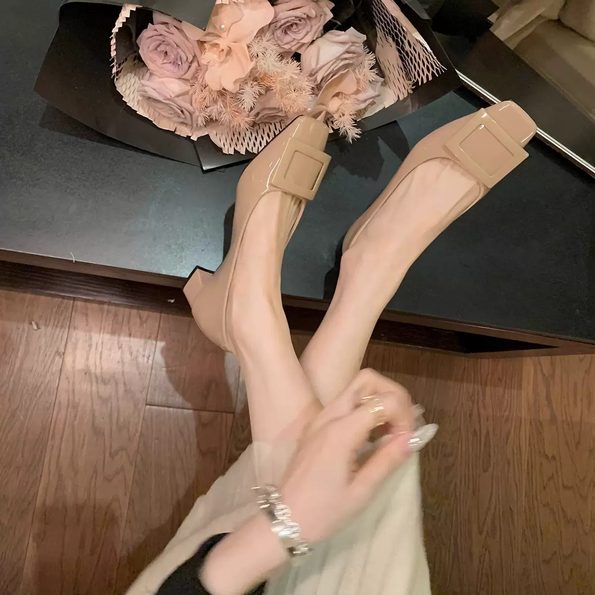 葡萄妈studiolee~经典方扣通勤粗跟温柔风方头优雅气质高跟单鞋春