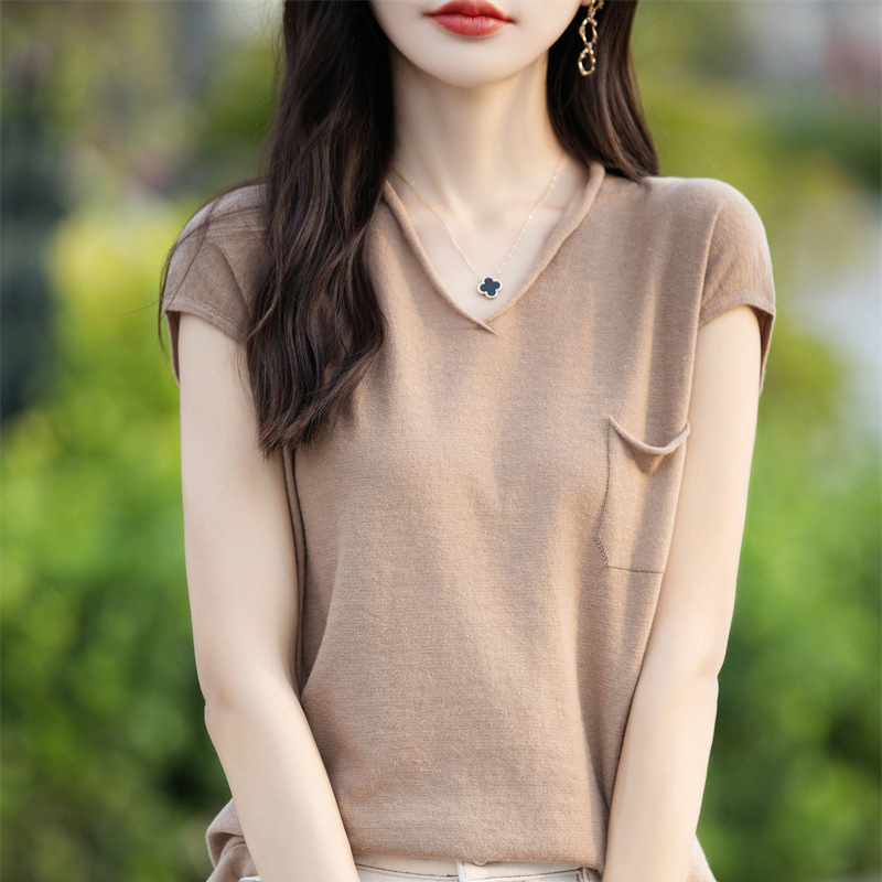Summer New Cotton V-Neck Rolled-Edge Knit Short-Sleeve T-Shirt for Women, Solid Color with Pockets, Loose Fit Top