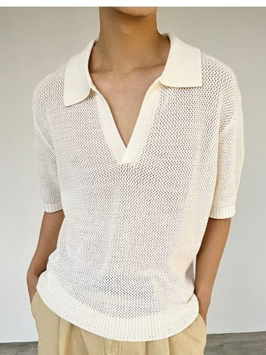 Cross-border French V-neck hollow polo shirt men's summer ins casual all-matching commuting lazy breathable short-sleeved sweater