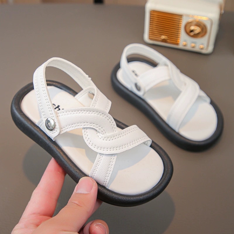 Сандалии для девочек с поперечным ремешком 2025 новый стиль липучка римские сандалии босоножки на плоском каблуке пляжные туфли прилив