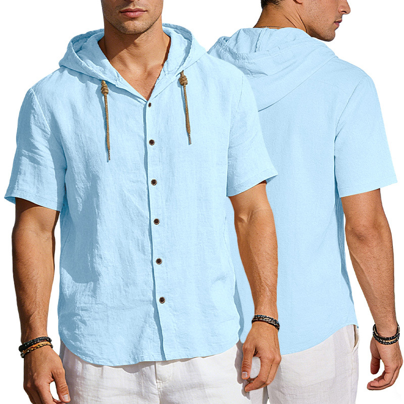 Camisa de lino con capucha para hombre, estilo europeo y americano, transfronteriza, de Amazon, con botones, fina, de verano, informal, de manga corta.