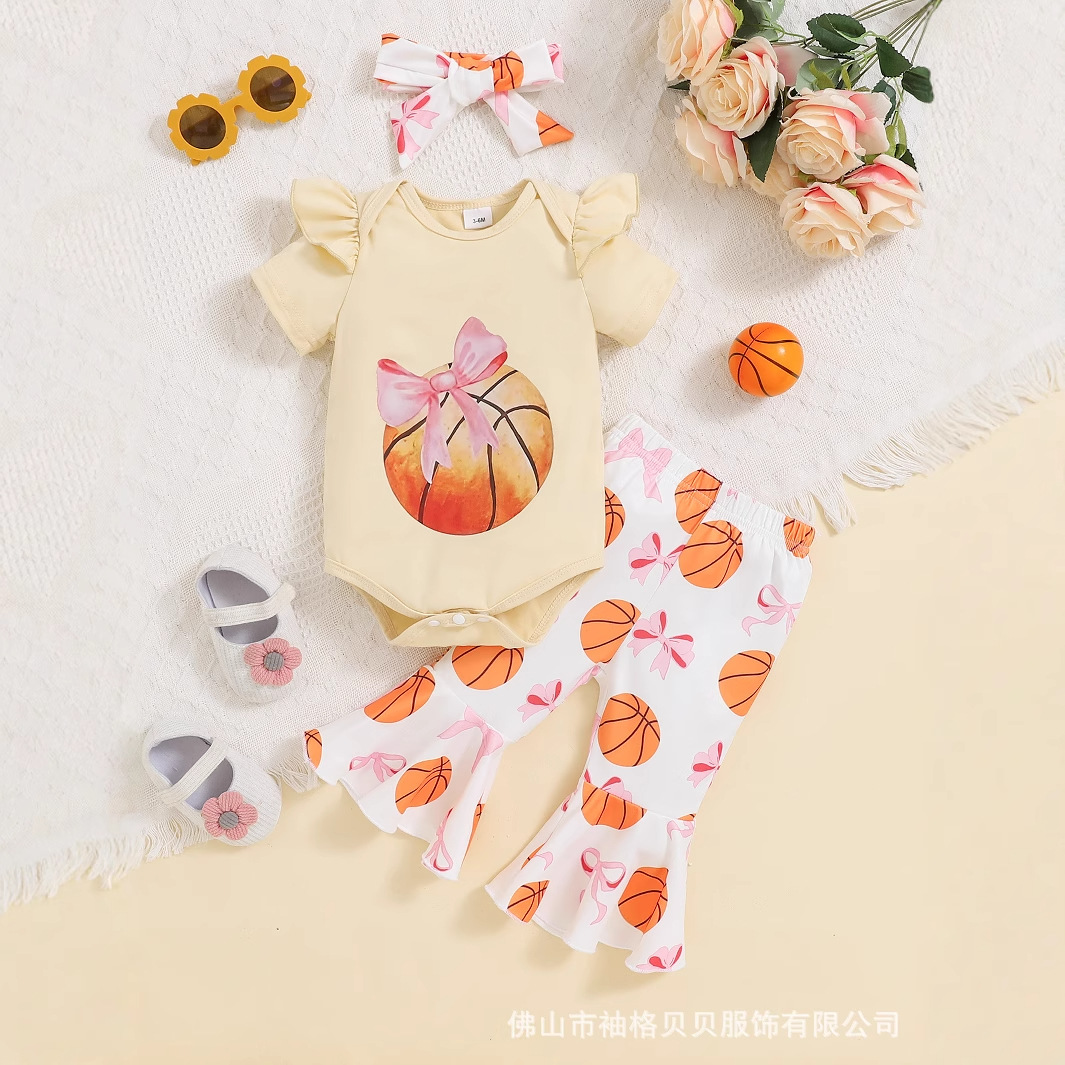European and American Export Baby Girl Suit Spring and Summer New Basketball Sports Girl Printed Trumpet Pants Three-Piece Set