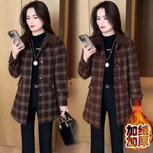 加绒加厚格子毛呢外套女装冬季保暖中长款大衣气质百搭显瘦风衣