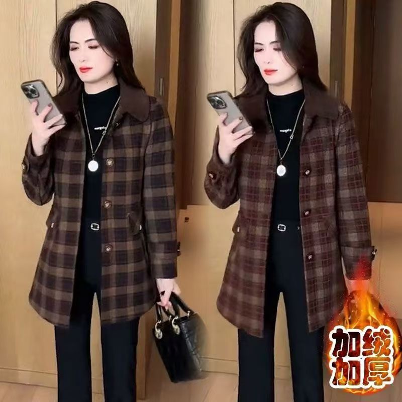加绒加厚格子毛呢外套女装冬季保暖中长款大衣气质百搭显瘦风衣