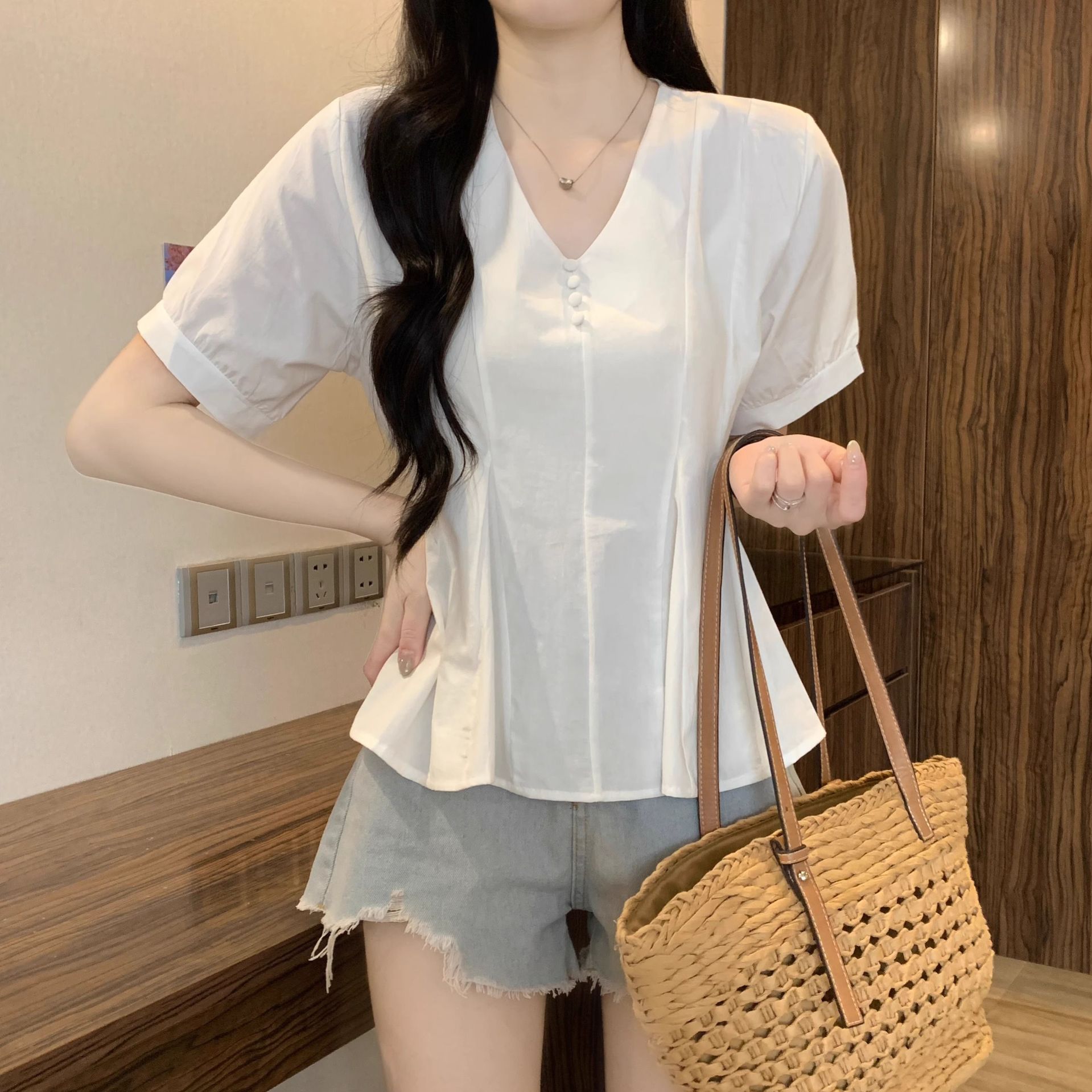 Áo sơ mi nữ cỡ lớn tay ngắn màu xanh lam dáng suông che khuyết điểm — Màu xanh lam chi tiết 15