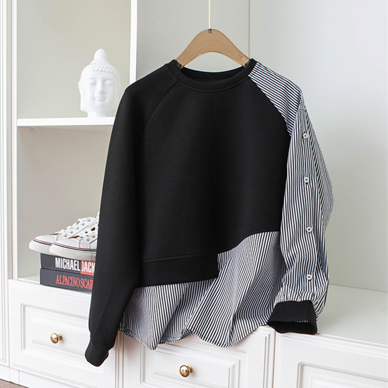 Women's Clothing Unconventional design, niche stitching, round neck sweatshirt for women, autumn new irregular stripes, loose cotton top_voghion.com