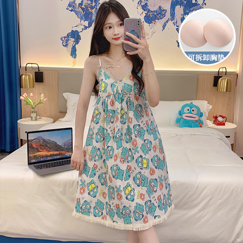 Verano damas de cabina larga pijama mujer cojín de pecho ropa de casa ropa de casa nubes de algodón dulce pijama de viento casual