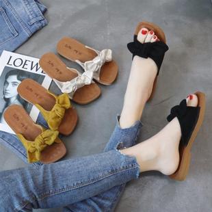 Soft-Soled One-Line Sandals for Women, Beach Flats-Soled Korean Style Tendon Summer Fashion Bow Outer Wear, Versatile Seaside Starry