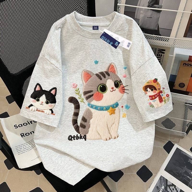 Girls' Summer New Arrival 2026 Versatile Casual Cute Cat Imitation Embroidery Print Short-Sleeve T-Shirt Pure Cotton Loose Top