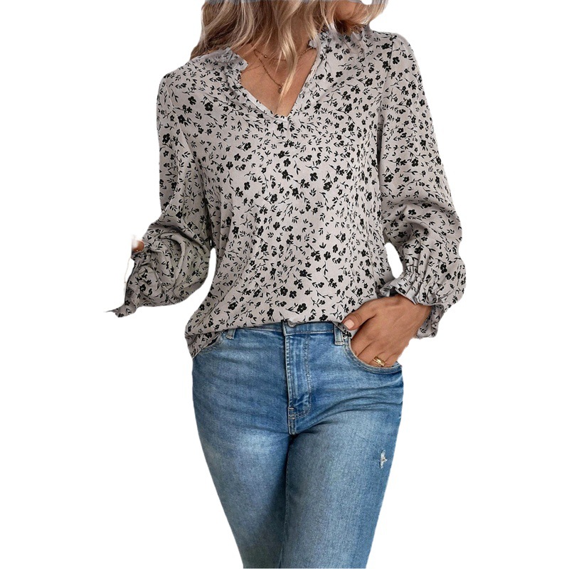 Oferta especial para exportación: Camisa estampada de manga larga con volantes y cuello en V, estilo floral, para mujer, de otoño, para Amazon y eBay.