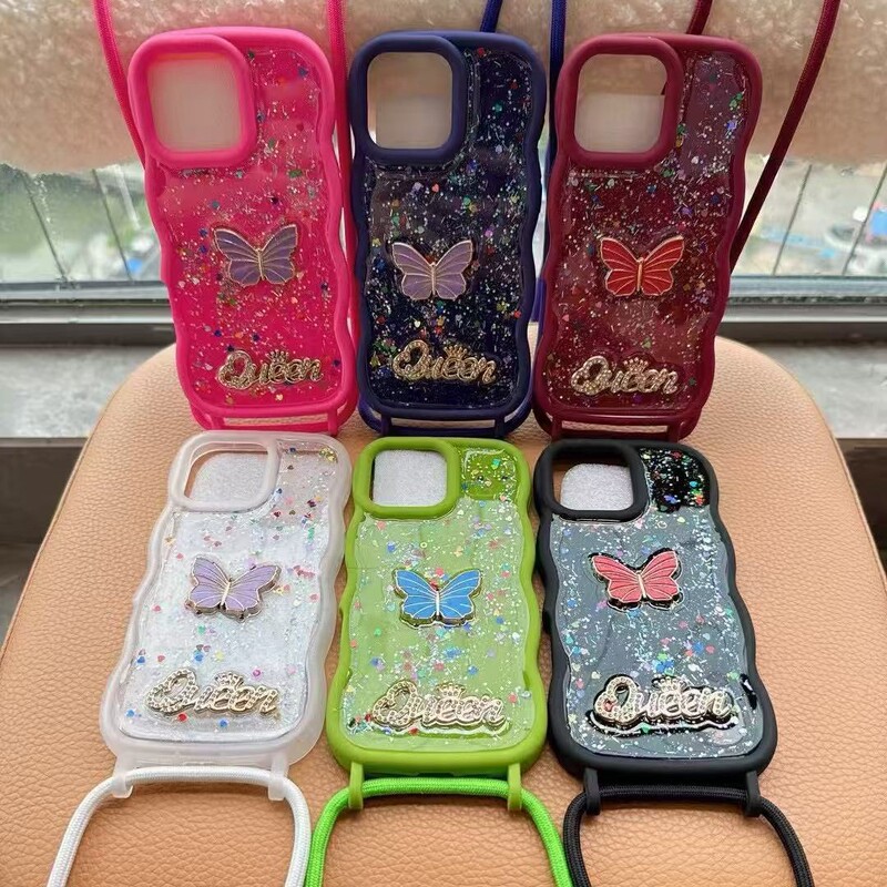 Suitable for Apple 15 Hot-Selling Special Girl Style Colorfulful Wavy Edge Resin Glue Butterfly with Rope Mobile Phone Case Suitable for Apple 15 Hot-Selling Special Girl Style Colorfulful Wavy Edge Resin Glue Butterfly with Rope Mobile Phone Case