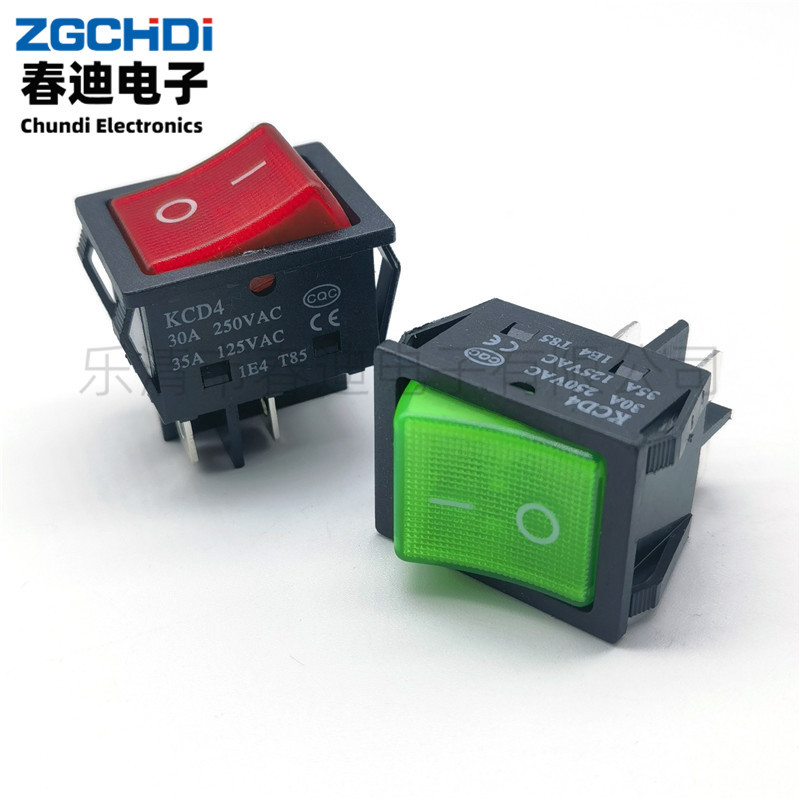 电焊机大电流船型开关KCD4带灯四脚2档红/绿色30A船形电源开关