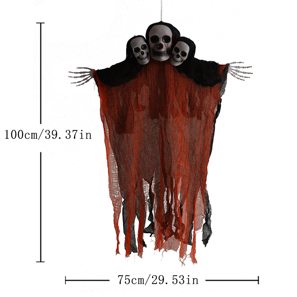 Decoración de Halloween, fantasma colgante de tres cabezas, gasa de calavera, habitación fantasma colgante, gran accesorio colgante en la puerta de la casa embrujada