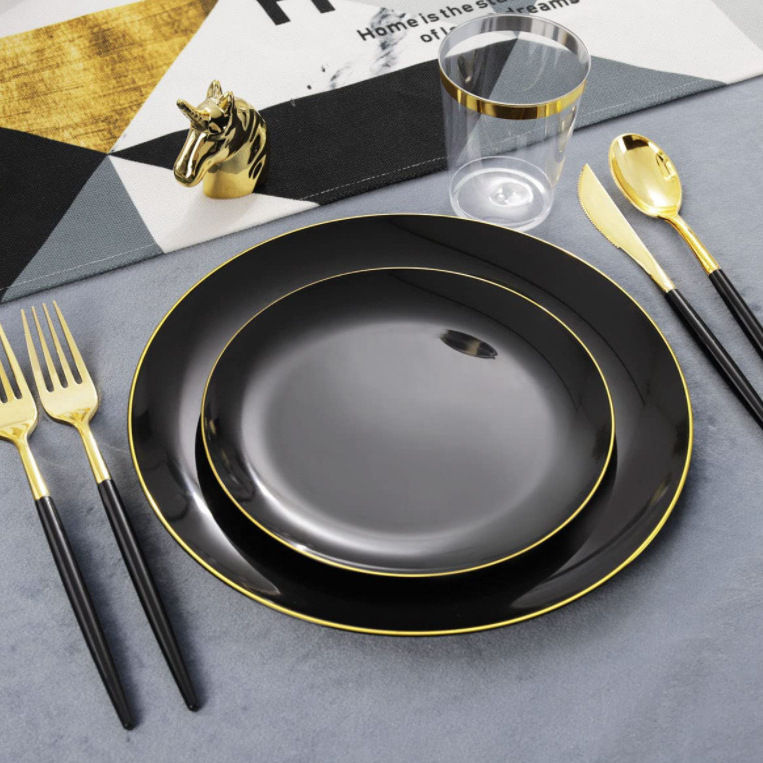 Disposable Dinner Plate Hard Plastic Ps Western Food Black Gold Edge Plate Knife, Fork, Spoon Wine Glass White Dinner Plate 150Pcs Disposable Dinner Plate Hard Plastic Ps Western Food Black Gold Edge Plate Knife, Fork, Spoon Wine Glass White Dinner Plate 150Pcs