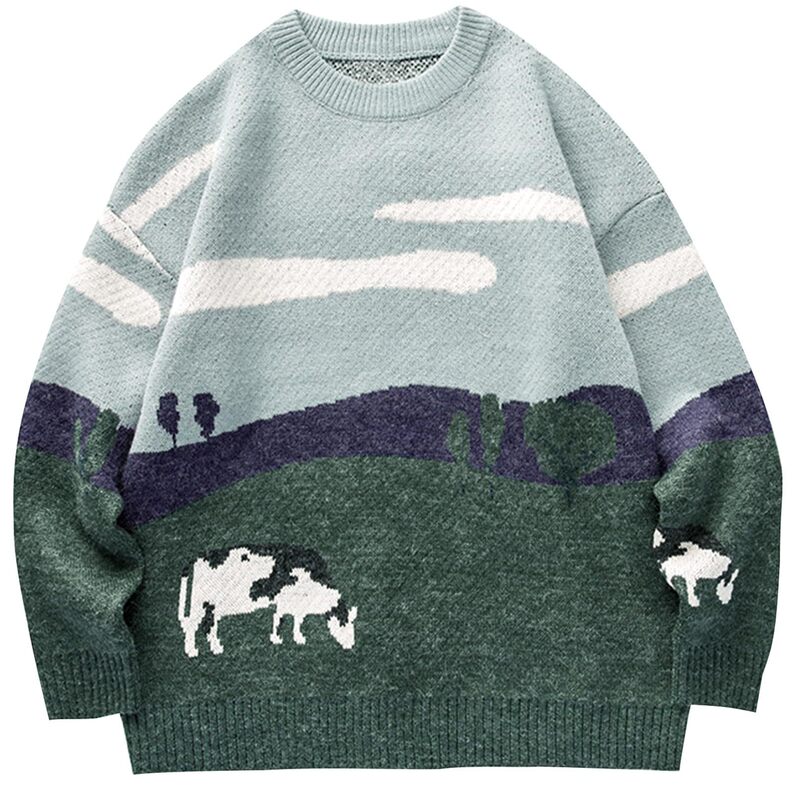 New autumn and winter 3D printed imitation knitted sweater with cow pattern, drop shoulder, round neck pullover, custom-made for men and women New autumn and winter 3D printed imitation knitted sweater with cow pattern, drop shoulder, round neck pullover, custom-made for men and women